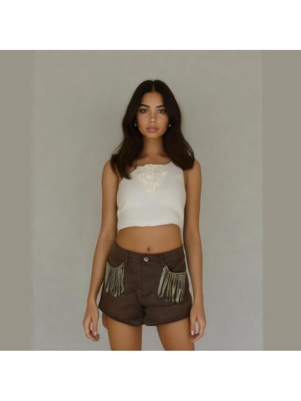 Peach Love Brown Rhinestone Fringe Shorts Small - Picture 11 of 11